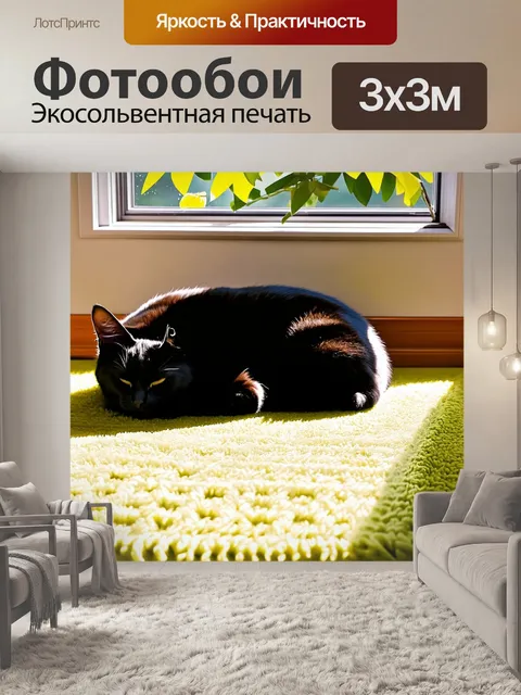 Фотообои черная кошка, свернувшаяся клубком, мирно спит на ярком ковре в солнечном окне