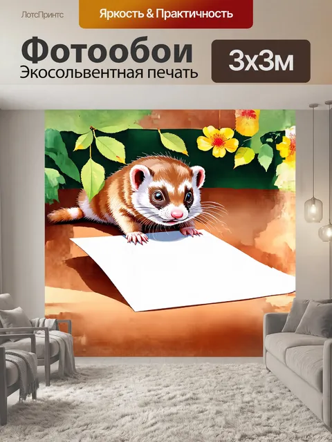 Фотообои хорек, играющий с белым листом бумаги, щупает его лапками, оставляя следы от своих движений