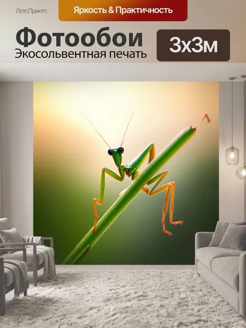 Фотообои богомол, сидящий на зелёном стебле, с острыми глазами, выискивающий насекомых на фоне мягкого вечернего света
