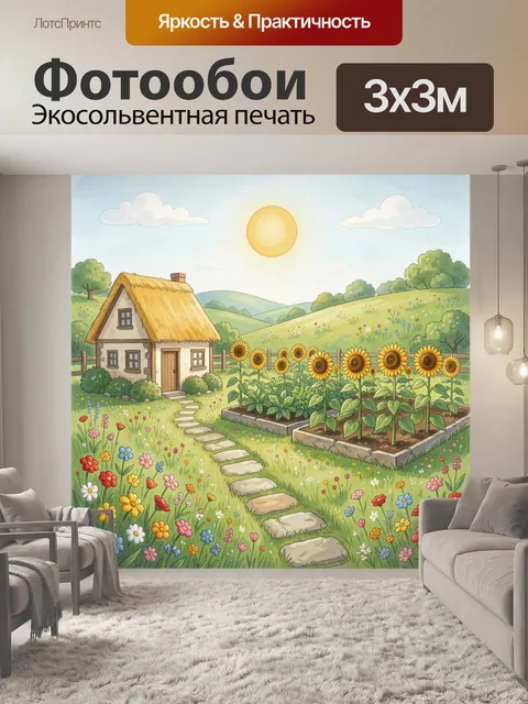 Фотообои Деревенский домик с подсолнухами