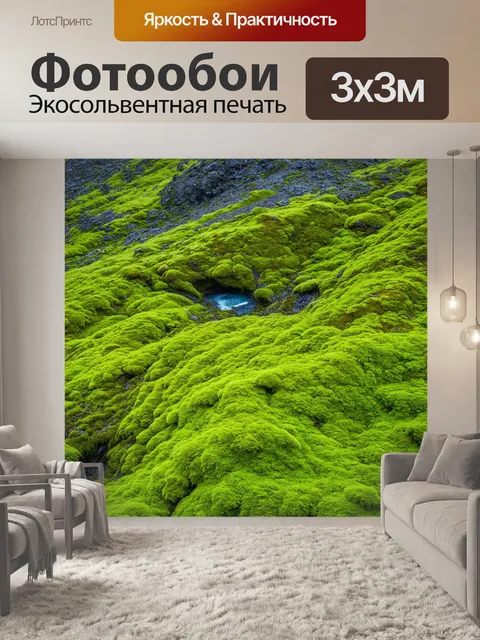 Фотообои гора, покрытая ярким зеленым мхом и дикой флорой, с маленьким чистым источником
