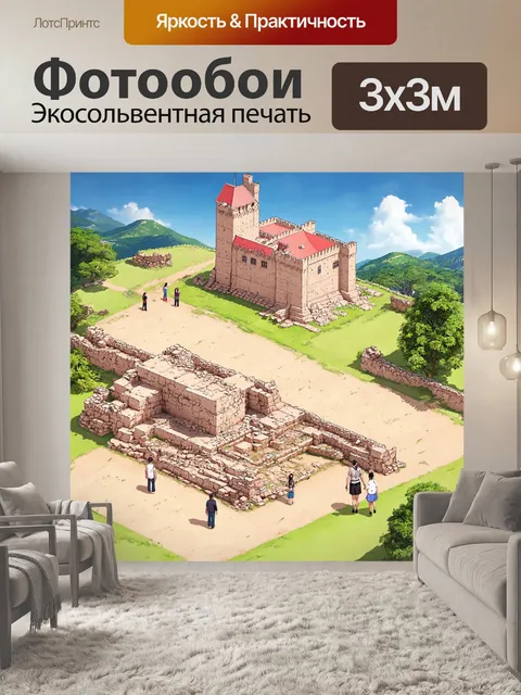 Фотообои машина в стиле изометрическая аниме, старинные замковые руины, южный пейзаж, весёлые экскурсанты