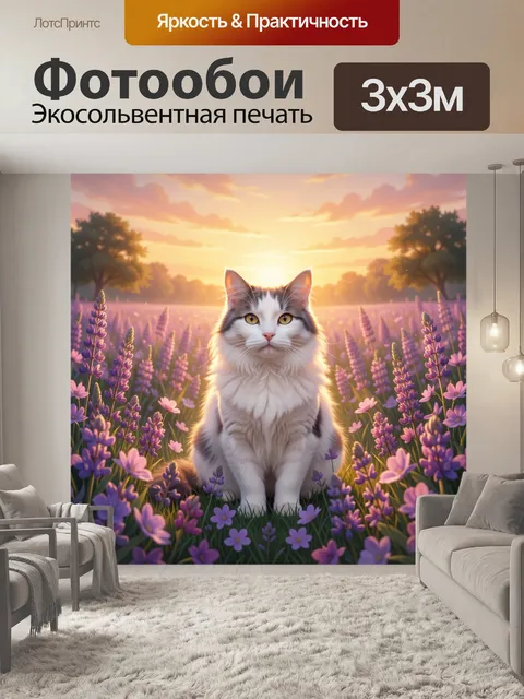 Фотообои Белый кот в цветочном поле