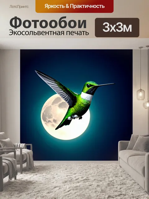 Фотообои зеленый колибри, парящий на фоне лунного света, освещая свое великолепное оперение