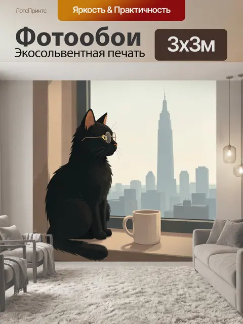 Фотообои Черный кот у окна с городом