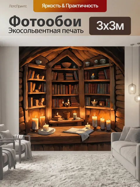 Фотообои уютный уголок хоббитского дома, где мягкое освещение создает тени на стенах