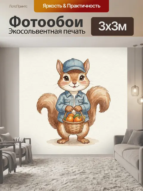 Фотообои Белка с корзинкой фруктов