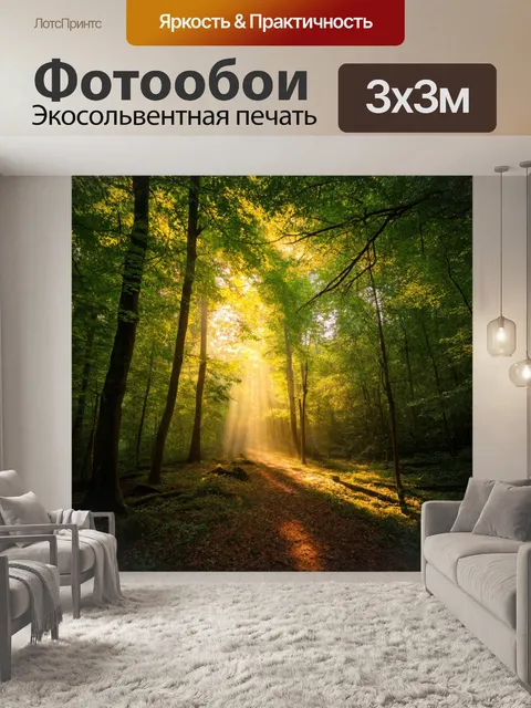 Фотообои лес с утренним нежным светом, льющимся сквозь листья