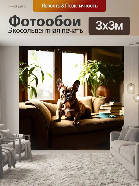 Фотообои французский бульдог, уютно устроившийся на старинном диване, смотрит в окно, через которое льется мягкий…