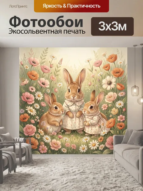 Фотообои Три зайца в цветочном поле