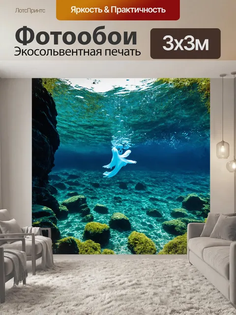 Фотообои на дне озера байкал, среди загадочных подводных скал и водорослей, можно увидеть омуль, словно призрак…