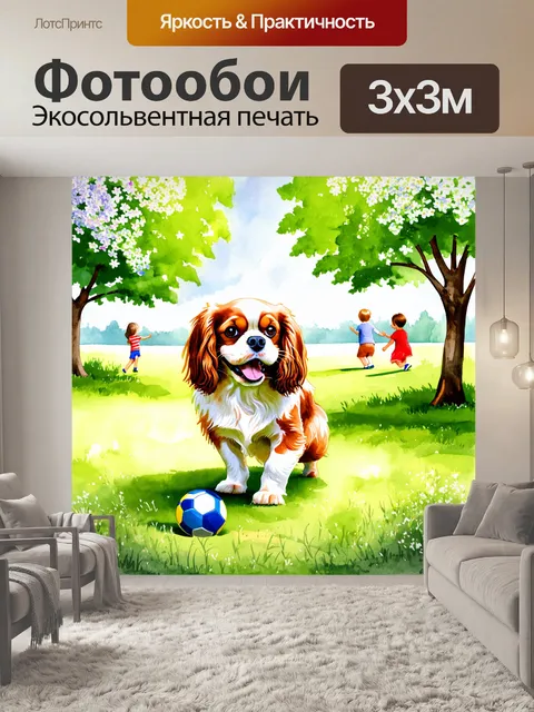 Фотообои яркий и солнечный день в парке, где веселая собака породы кавалер кинг чарльз спаниель играется с мячом
