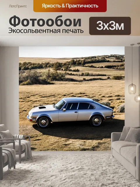 Фотообои уникальный автомобиль, окруженный природным ландшафтом на фоне просторов
