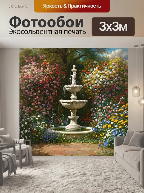 Фотообои цветы в стиле якоб ван рейсдал, где цветы представлены в контексте старинного фонтана и запущенного сада