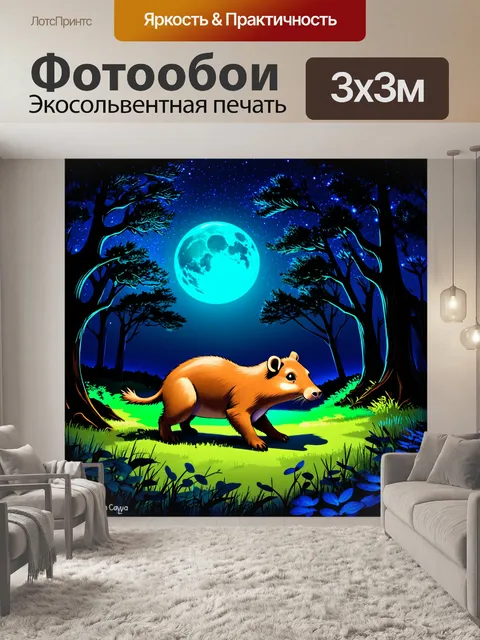 Фотообои капибара, исследующая ночной лес под светом луны, с яркими звездами на небе