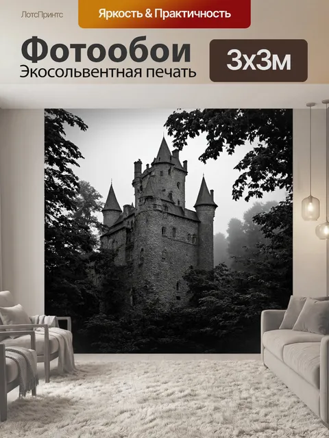 Фотообои черно-белый с колоритным изображением старинного замка, окруженного густым лесом