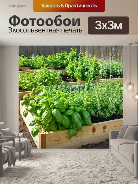 Фотообои сад, наполненный ароматными травами, такими как базилик, розмарин и мята, с деревянными грядками и…