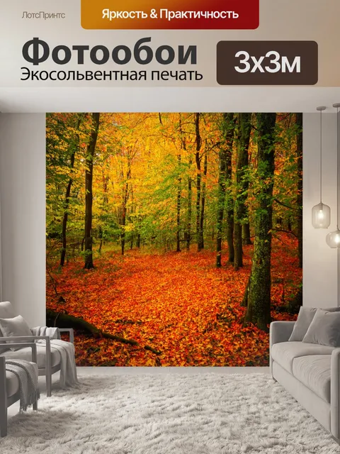 Фотообои глубокий лес с осенними листьями, создающими красочный ковер на земле