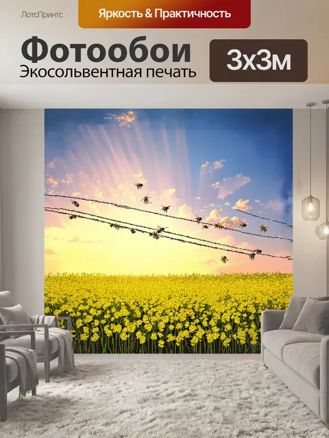 Фотообои низкая лэп, окружающая рапсовое поле, в котором пчёлы жужжат, собирая нектар
