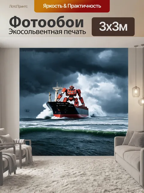Фотообои контейнерный корабль, словно гигантский робот, бороздит темные волны бушующего океана