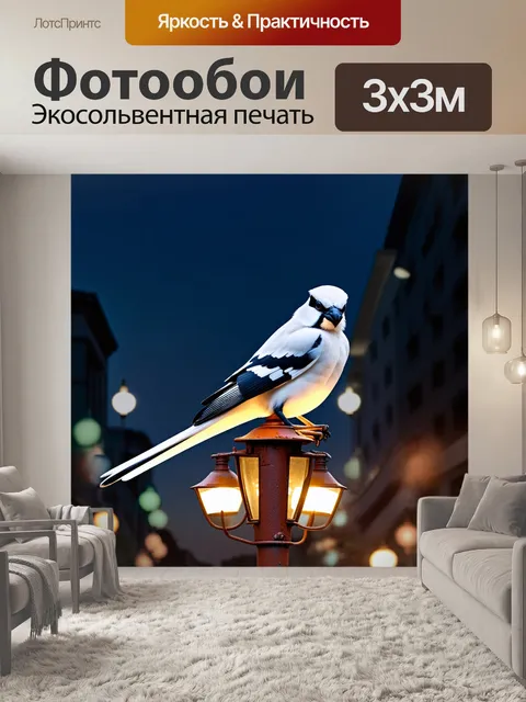 Фотообои белая сорока сидит на ржавом уличном фонаре, окруженная ночными огнями города