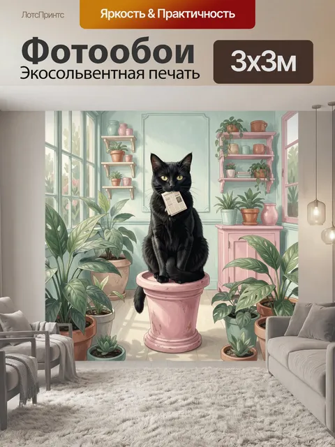 Фотообои Черный кот среди комнатных растений
