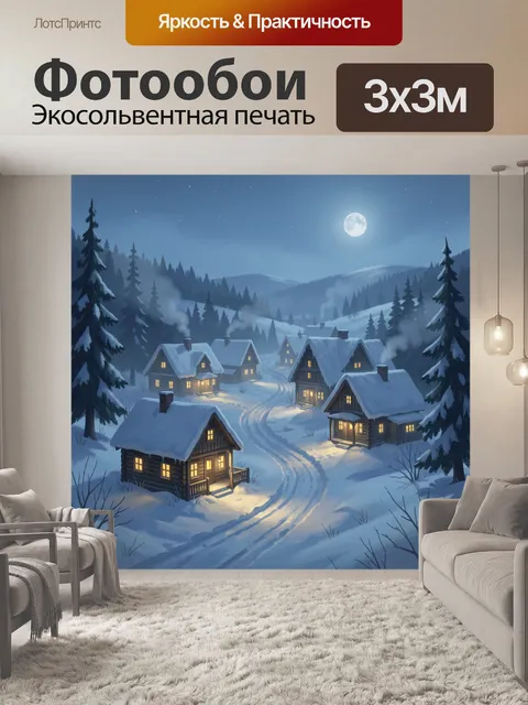 Фотообои Зимняя деревня под луной