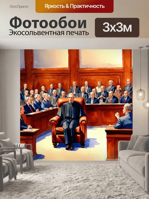 Фотообои сцена внутри зала заседаний суда с массивным дьяконским креслом и невидимыми зрителями