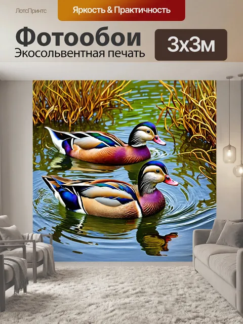 Фотообои животные в стиле постимпрессионизм, с изображением мандаринских уток, плавающих в окружении нежных водорослей