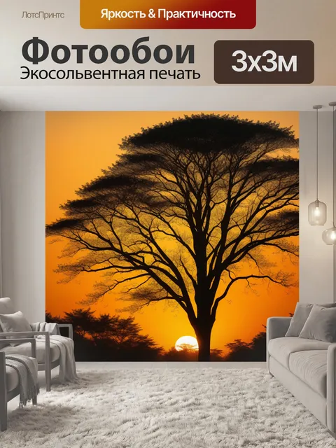 Фотообои золотое солнце и силуэты деревьев на закате