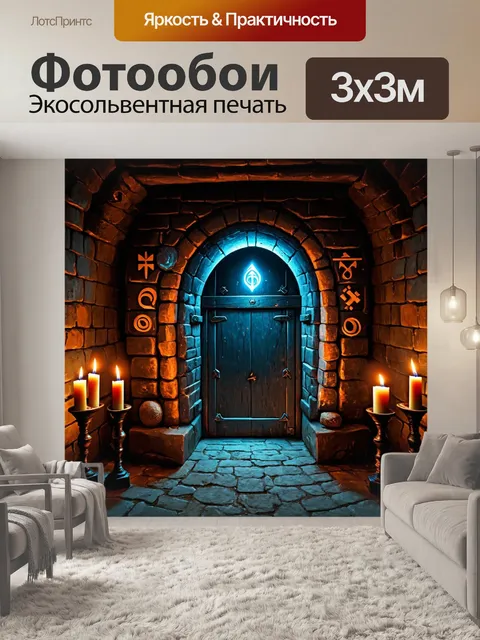 Фотообои с дверью, ведущей в подземелье, окруженную мистическими символами и мягким мерцанием свечей, создающим…
