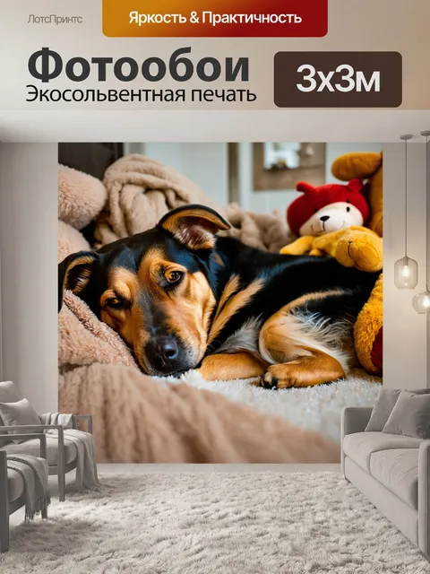 Фотообои овчарка, спящая в уютном доме, окруженная мягкими игрушками и пледами