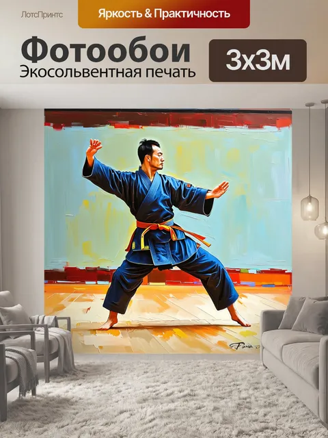 Фотообои используя стиль импрессионизма, изображение мастера боевых искусств, медленно выполняющего сложное движение