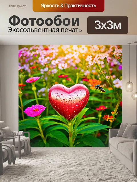 Фотообои сердечки, покрытые росой, сверкающие на утреннем солнце, на фоне роскошного цветочного сада, где слышится…