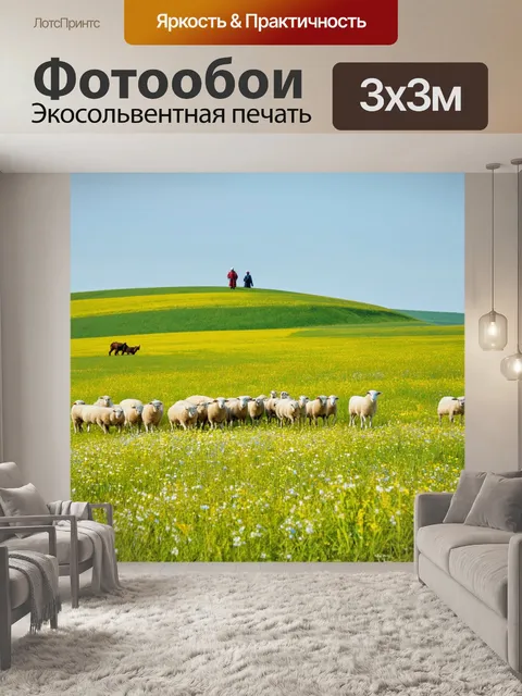 Фотообои россия, мирный летний пейзаж с цветущими полями и пастушками, пасущими овец на холмах