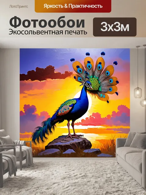 Фотообои павлин, стоящий на скале, гордо расправляющий свои перья на фоне заката