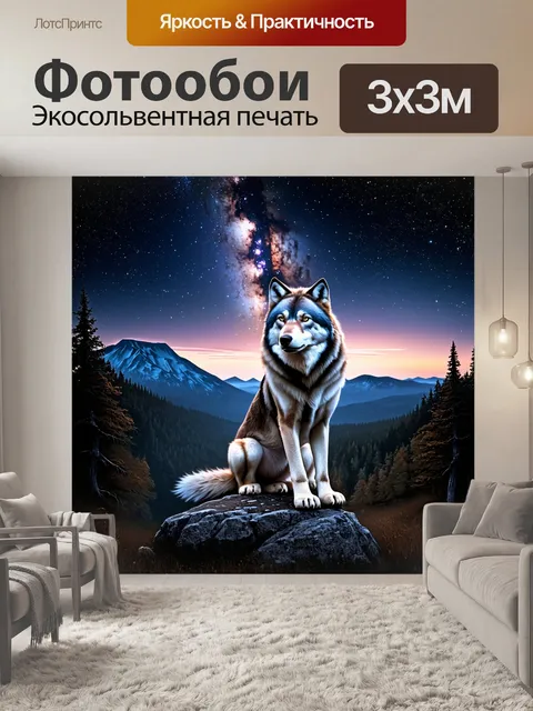 Фотообои Изображение величественного волка, сидящего на скале и глядящего на звездное небо с Млечным путем