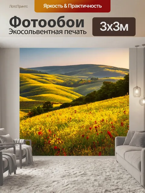 Фотообои утро: утренние переходы цветов на пейзаже, где контрастные краски озаряют холмы с растущими цветами и листвой