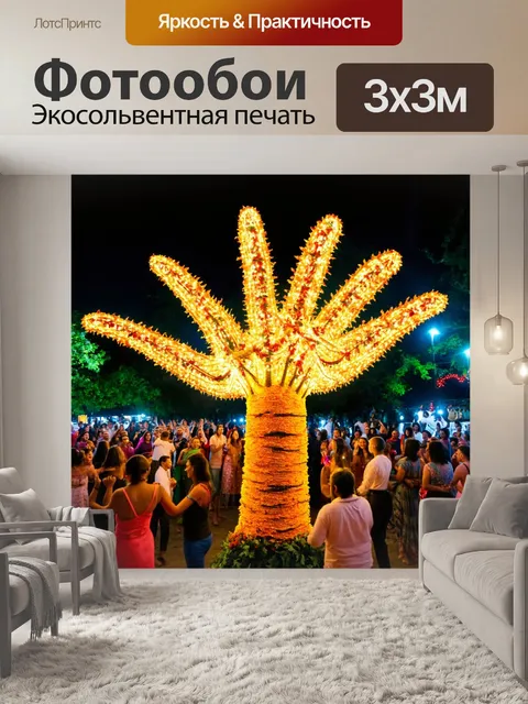 Фотообои пальма, увитая огоньками, украшенная гирляндами на летнем фестивале, с толпой людей, танцующих вокруг