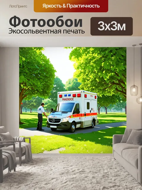 Фотообои скорая помощь, окруженная зелеными деревьями в парке, где фельдшер проводит профилактическую работу