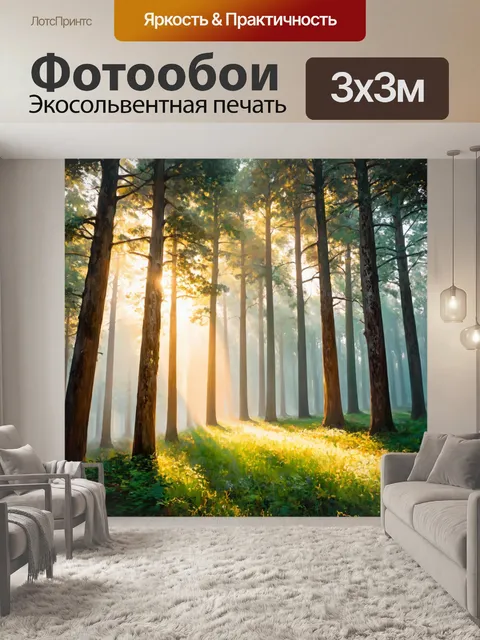 Фотообои туман в стиле пастельный рисунок, сияние солнца сквозь высокие деревья в тумане