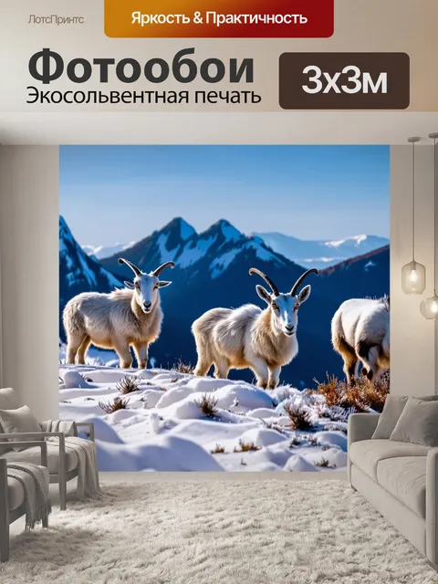 Фотообои с животными, на вершине заснеженной горы, группа горных козлов исследует окрестности, а вдали виднеется…