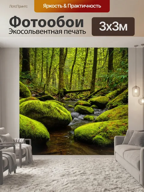Фотообои лес с зелеными мохнатыми камнями и ручейком, протекающим среди деревьев