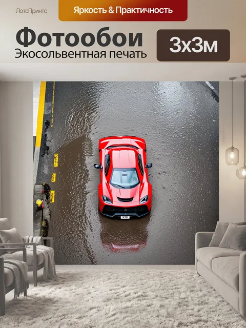 Фотообои вид сверху на спортивную машину, проезжающую через дождевую лужу на улице