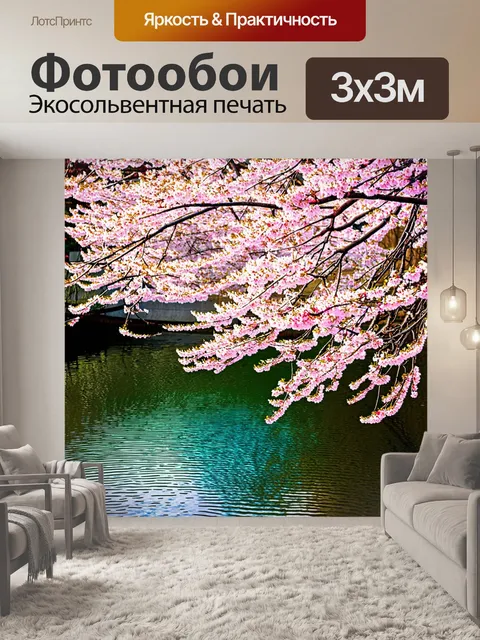 Фотообои сакура, раскинувшая свои ветви и цветы, отражается в спокойной весенней воде пруда