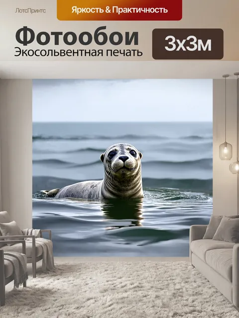 Фотообои серый тюлень, плывущий прямо к камере на фоне морского горизонта, его яркая голова выделяется на