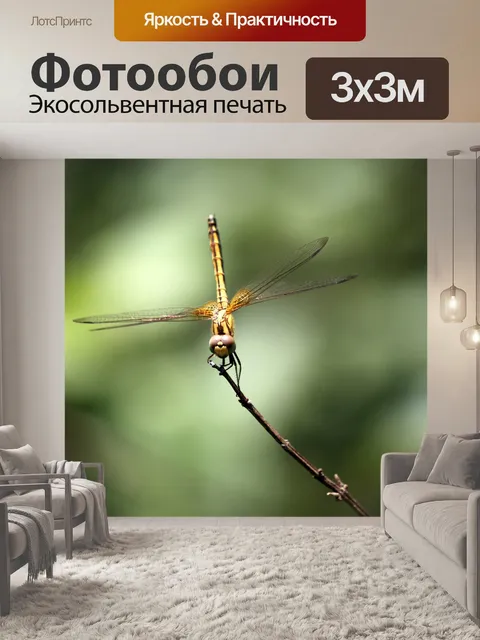 Фотообои Желтый Стрекоза остановиться в палку