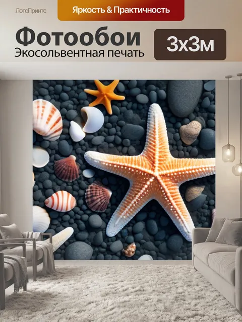Фотообои прибрежный камень, усыпанный морскими звёздами и раковинами