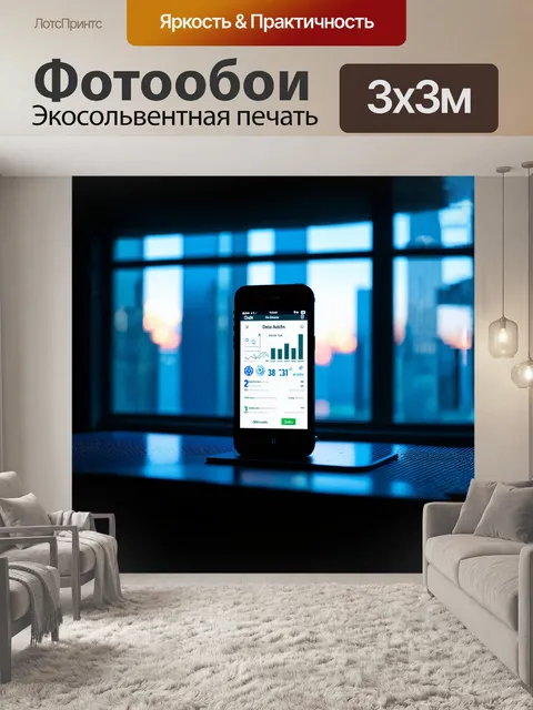 Фотообои в центре композиции — высокотехнологичный смартфон