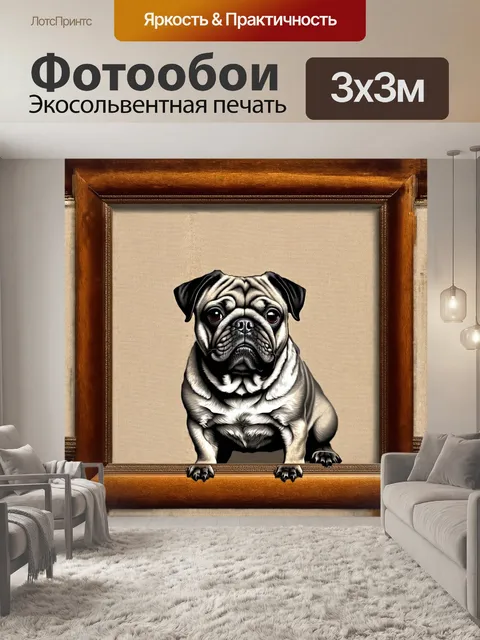 Фотообои мопс на элитном винтажном белье, обрамленный элегантной четкой рамкой из дерева с эффектом старения